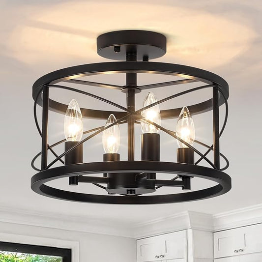 Black Semi Flush Mount Ceiling Light Fixture, 4-Light Farmhouse Modern Ceiling Light, Hallway Light Fixtures, Kitchen Lights, Ceiling Lamp for Entryway Dining Room Bedroom Laundry Lighting UL-Listed - Aura Lighting
