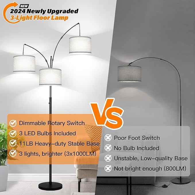 Dimmable Floor Lamp, 3 Lights Arc Floor Lamps for Living Room, Modern Tall Standing Tree Lamp with Gray Linen Shade & Heavy Base, Large Floor Lamp for Bedroom Office, 3x1000 LM LED Bulbs Included