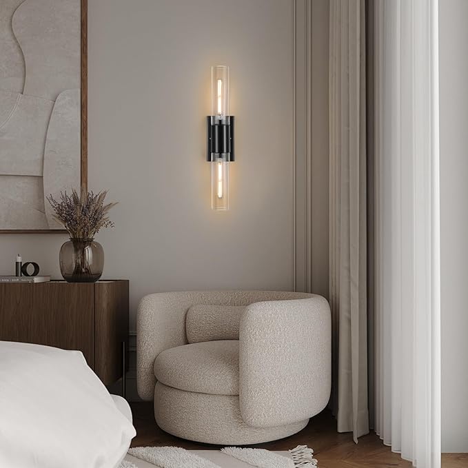 Bathroom Wall Sconces Set of Two Black , 21" Modern 2-Light Vanity Light Tube Wall Sconce, Clear Glass Indoor Hardwired Mounted Lamps for Living Room,Bedroom,Hallway-Black Clear (Bulb Not Included) - Aura Lighting
