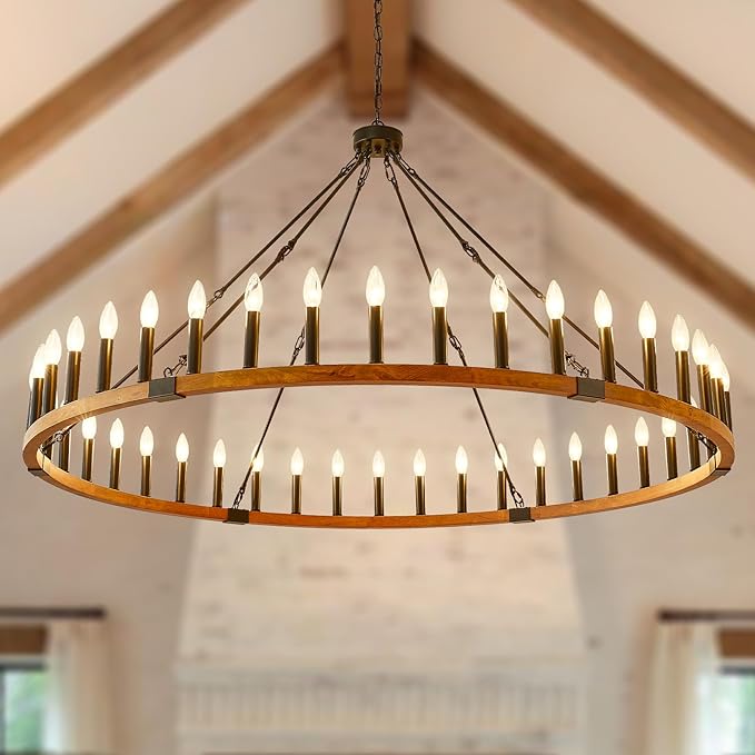 60-Inch Rustic Wooden Chandelier, 42-Light Extra Large Round Chandeliers for High Ceilings, Farmhouse Chandelier for Foyer Living Room Bedroom Entryway, E12