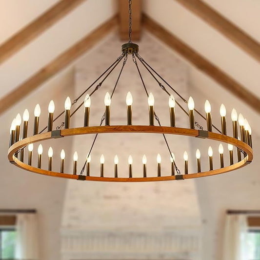 60-Inch Rustic Wooden Chandelier, 42-Light Extra Large Round Chandeliers for High Ceilings, Farmhouse Chandelier for Foyer Living Room Bedroom Entryway, E12
