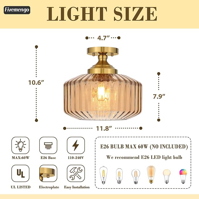 11.8in Semi Flush Mount Ceiling Light Fixture, Vintage Striated Glass Kitchen Lighting Fixtures Ceiling Mount for Entryway Hallway Bedroom Dining Room Bathroom Foyer Laundry (Amber)