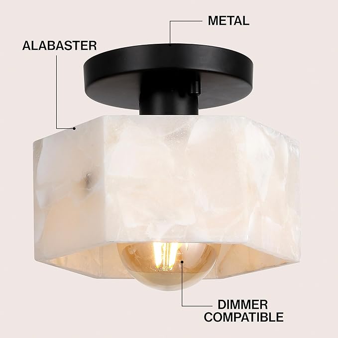 JONATHAN Y 8" White Marbling/Black Modern 1-Light Hexagonal LED Semi Flush Mount Ceiling Light, White Alabaster Marble Shade, Glam Lamp for Hallway, Bedroom, Bathroom, LED Bulb Included (JYL1204B)