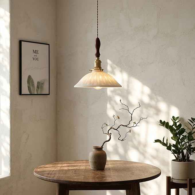 Pendant Light Hanging Lamp Ceiling Light Fixture Pleated Ceramic Shade Walnut Wood Accent Pure Brass Hardware 9.25 Inch for Kitchen Island Dining Room Bedroom Bedside Hallway Corridor Bar(B)
