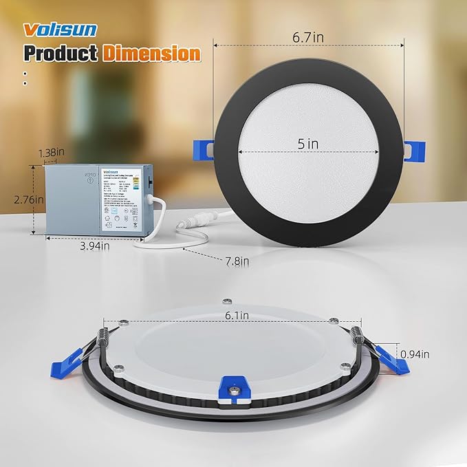 VOLISUN 24 Pack 6 inch Recessed Lighting, 5CCT LED Recessed Light Black, 2700K-5000K Selectable, 13W Eqv 120W, 1080LM Dimmable Canless Wafer Downlight, LED Ceiling Light ETL Certificated