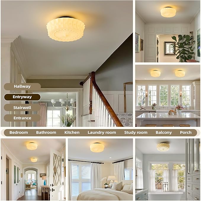 Schoolhouse Vintage Glass Ceiling Light - 14 Inch Cream Yellow Mid Century Modern Flush Mount Lighting Fixtures - Antique Art Deco Lamp for Bedroom Kitchen Entryway Laundry Hallway Foyer Bathroom Hall - Aura Lighting