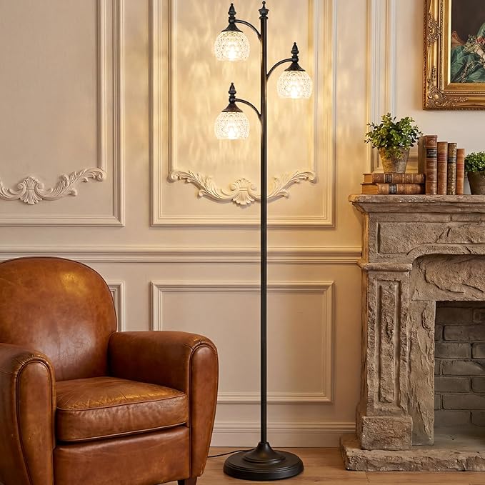 JUNNAI Glass Floor Lamp 66.5in Black Standing Lamps for Living Room with 3 Brightness Lights Vintage Retro Corner Lamp for Bedroom Office(3LED Bulbs Included)