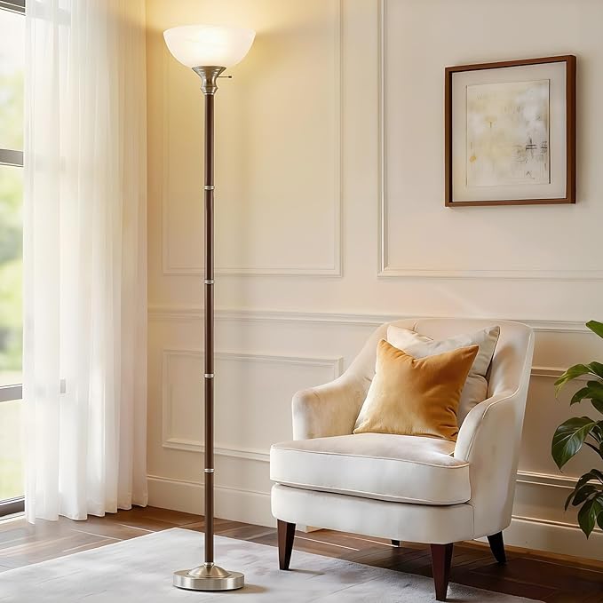 Wood Floor Lamp for Living Room - Walnut Standing Lamp with Glass Shade Torchiere Floor Lamps for Bedroom - Mid Century Modern Corner Tall Lamps for Home Office Nursery Industrial Reading Light
