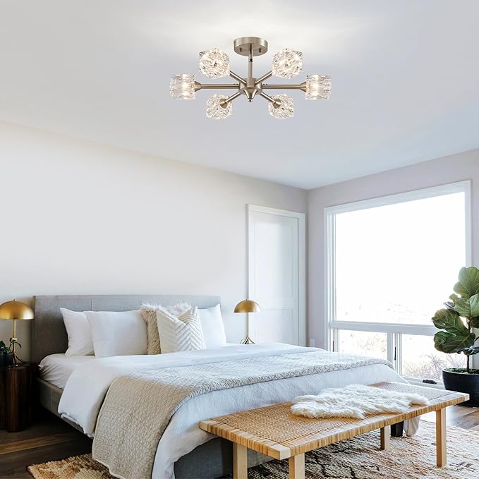 XINGQI Brushed Nickel Chandelier 6-Light 20" Semi Flush Mount Ceiling Light Fixture Modern Round Sputnik Chandelier for Bedroom Entryway Dining Room Living Room - Aura Lighting