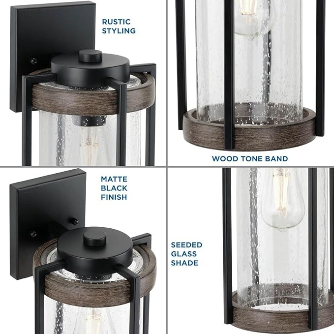 Whitmire Collection 1-Light Clear Seeded Glass Light Aged Oak Accents Farmhouse Outdoor Wall Lantern Light Matte Black