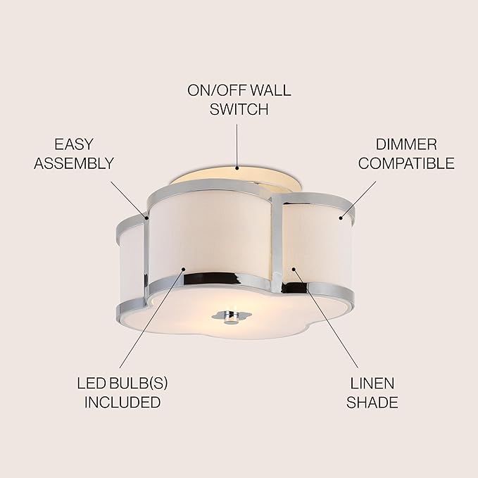 JONATHAN Y 13" Chrome Modern Scalloped LED Flush Mount Ceiling Light Fixture, White Linen Shade Quatrefoil Chandelier for Bedroom Living Room Kitchen Hallway Foyer JYL9507A