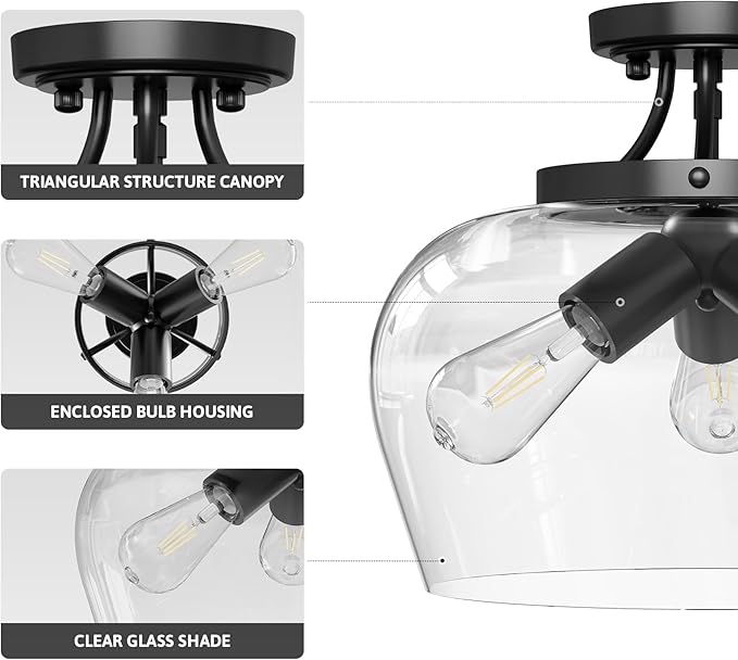 VONLUCE Semi Flush Mount Ceiling Light, 13.8" Ceiling Light Fixture with Clear Glass Shade, E26 Base, 3-Bulb Industrial Lighting Fixture for Hallway Entryway Bedroom, Matte Black, ETL Certificated - Aura Lighting