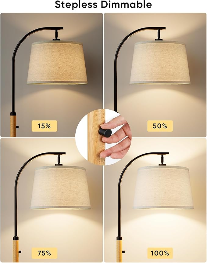 Dimmable Floor Lamp for Living Room, 65" Tall Metal Standing Lamp with LED Bulb, Mid Century Modern Arc Floor Lamp with Linen Shade for Bedroom, Reading Room, Office & Nursery, Black&Natural Color