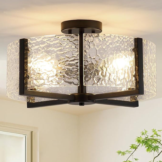 18" Black Large Semi Flush Mount Ceiling Light, 4-Light Farmhouse Ceiling Light, Foyer Light Fixtures Modern Glass Ceiling Mount for Entryway Bathroom Hallway Bedroom Kitchen