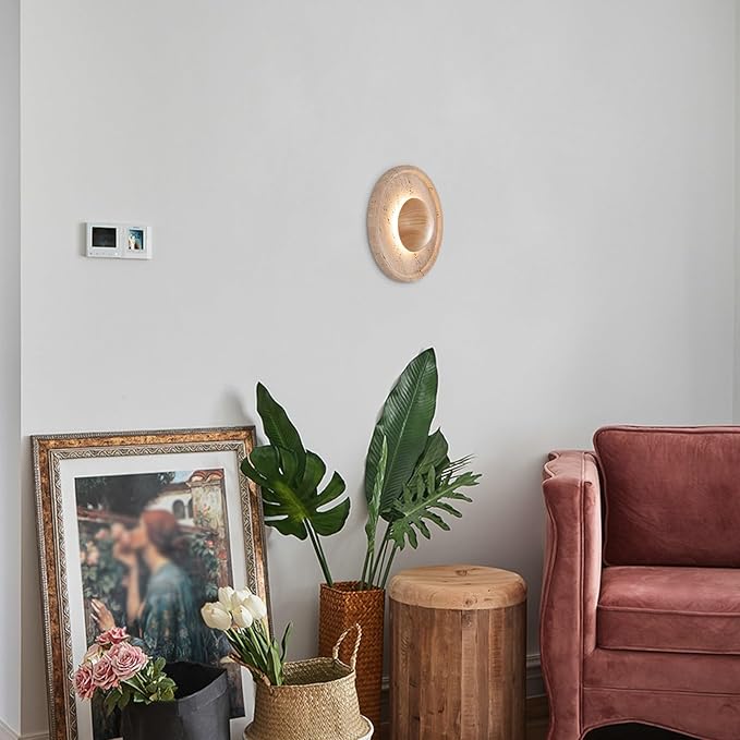 Japanese Style Wabi-Sabi Art Lighting Fixture, Yellow Travertine Wall Light with Wood Shade, Round Natural Stone LED Wall Lamp, Vintage Marble Wall Sconce for Bedroom Living Room(Wood)