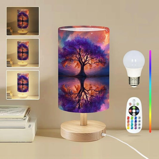 Round Table Lamp for Bedroom Mystical Tree Vibrant Purple Orange Foliage Reflecting Water Under Beside Lamps Desk lamp with Wood Base Nightstand Lamps for Nursery Living Room Home Decor