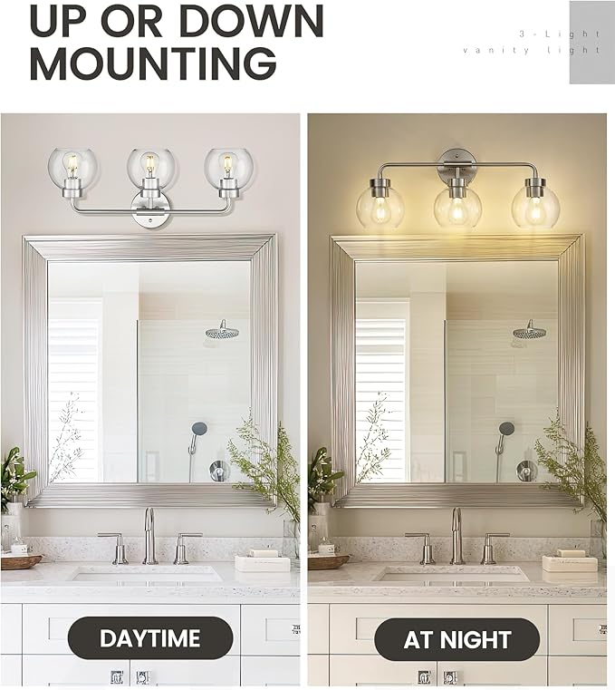 zeyu 23 Inch Bathroom Wall Light Fixtures, 3-Light Vanity Lighting Fixture, Brushed Nickel Finish with Clear Glass Globe Shade, ZS62BG-3W BN