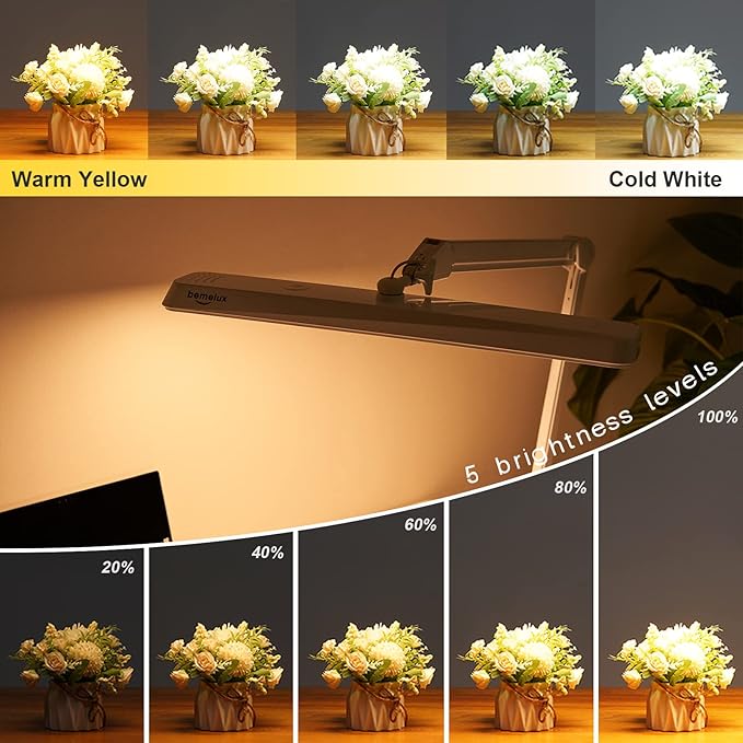 LED Architect Desk Lamp with Clamp, Metal Swing Arm 2000 Lumens Dimming Office Table Lamp for Task Work Drafting Reading Desktop, 234 LEDs,24W, 5 Color Temperatures Workbench Lamp(White,24CCT) - Aura Lighting