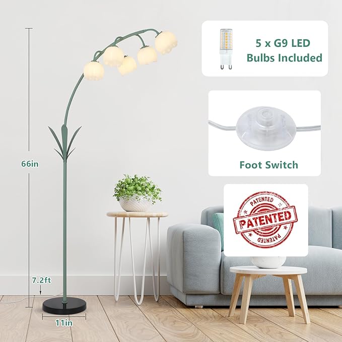 HMVPL Arc Floor Lamp for Living Room, Flower Floor Lamp with 5 G9 LED Bulbs, Foot Switch, Green Floral Standing Lamp with Acrylic Shade, Curved Tall Lamp for Living Room Bedroom Corner Kids Reading - Aura Lighting