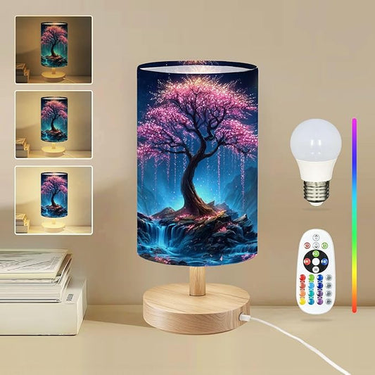 Round Table Lamp for Bedroom Majestic Glowing Cherry Blossom Tree Rocky Island Waterfalls Beside Lamps Desk lamp with Wood Base Nightstand Lamps for Nursery Living Room Home Decor