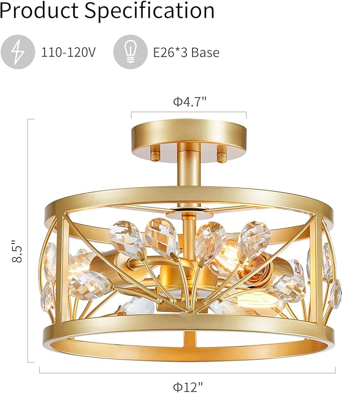 WUZUPS Crystal Leaf Chandelier 3-Light Vintage Farmhouse Industrial Semi-Flush Mount Ceiling Light Modern Lighting Fixture for Foyer Bedroom Hallway Storage Room Kitchen Bathroom, H 8.5" W 12", Gold