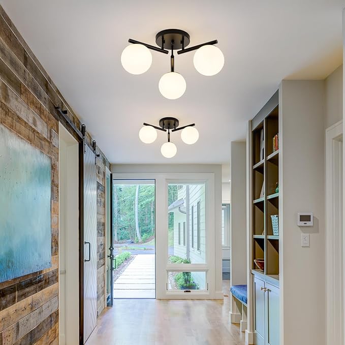 3 Light Modern Sputnik Semi Flush Mount Ceiling Light, Black Sputnik Ceiling Light Fixture, 21.65 '' Milky Glass Globe Mid Century Modern Ceiling Lights for Bedroom Hallway Living Room