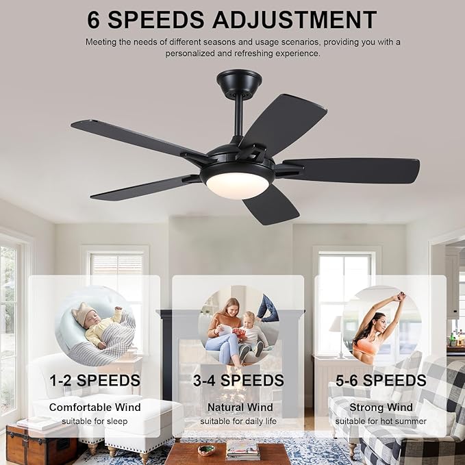 Ceiling Fans with Lights and Remote, 46 Inch Modern Ceiling Fan with Light, Black Ceiling Fans for Bedroom Living Room Indoor/Outdoor, Reversible Quiet Motor, Dimmable LED Light, Black