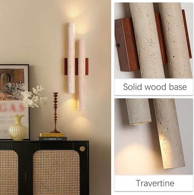 Yellow Travertine Wall Sconces, 19.7" H Wabi Sabi Wall Light Fixture with Cylindrical Natural Stone Lampshade, Up and Down Lighting Marble Wall Lamp for Bedroom Living Room Dining Room