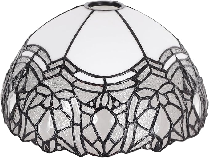 Tiffany Lamp Shade Replacement 12X6 Inch Stained Glass Lampshade Only 1-5/8-Inch Fitter Opening for Arched Floor Lamp, Torchiere Lamp, Pendant Light (White)