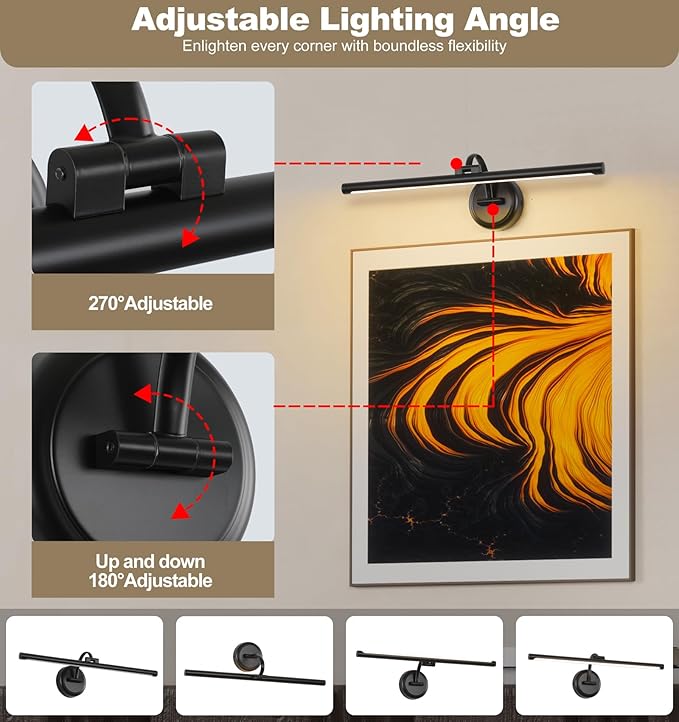 23.62 Inch Dimmable Lights For Pictures On Wall Hard Wired Gallery Light Modern Metal Artwork Wall Lamps, Warm White Picture Lights with Single Swing Arm Art Display Light For Paintings Portrait
