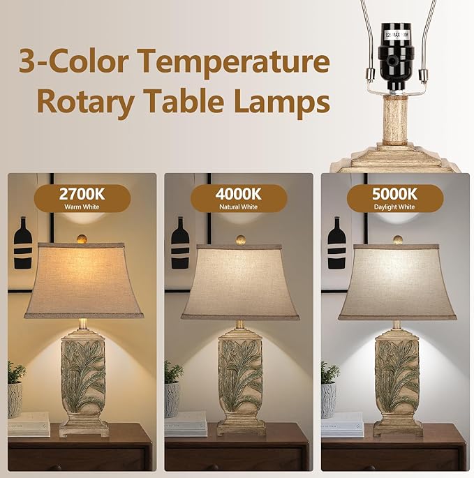 WIHTU 25" Vintage Table Lamps, 3 Color Temperature Rustic Retro Beside Lamp Set of 2, Farmhouse Resin Table Lamp for Living Room Bedroom Nightstands, Rotary Switch, Carved Leaf(2 Bulbs Included)