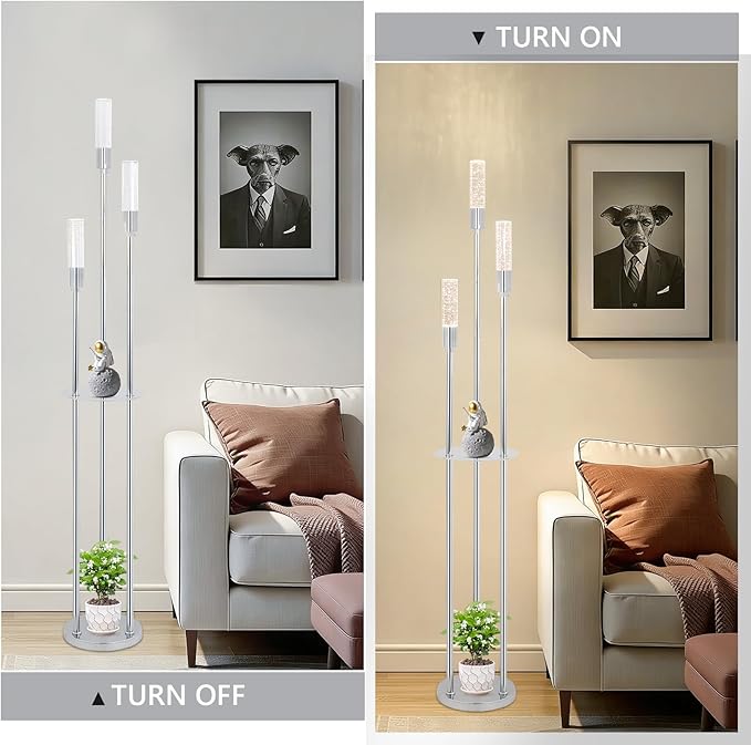 Bubble Crystal Floor Lamp with Shelves, 3 Lights Modern Standing Lamps for Living Room, Built-in LED Lights, Foot Switch, Industrial Tall Corner Floor Lamp for Bedroom Home Office, Silver