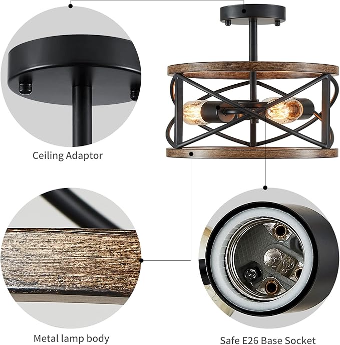 WUZUPS Chandelier 3-Light Imitation Wood Grain Vintage Farmhouse Industrial Semi-Flushmount Ceiling Light Lighting Fixture for Foyer Hallway Storage Room Kitchen Bathroom, H 9.4" W 12", Black