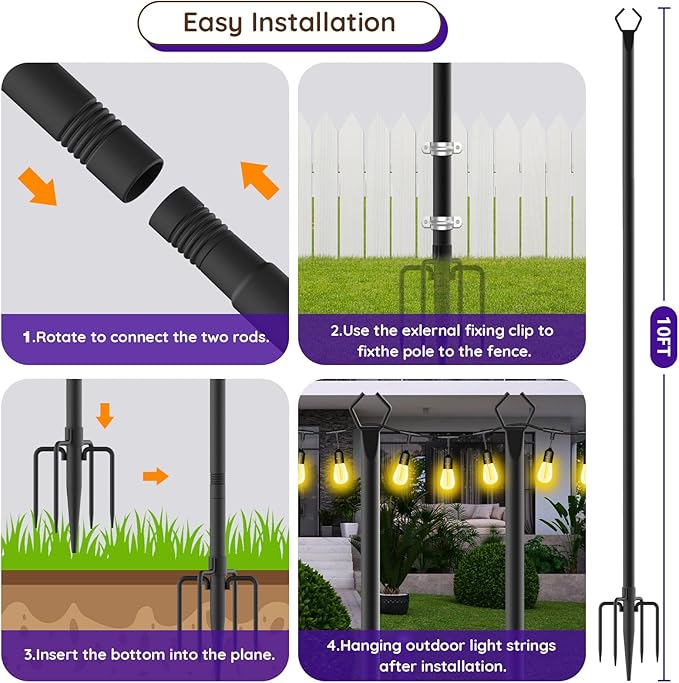 zoegi 4 Pack 10Ft String Light Poles,Light Poles for Outside Lights with Fork,Outdoor Brackets Hanging Lights,Metal Stand for Deck Patio,Backyard,Wedding,Deck,Party