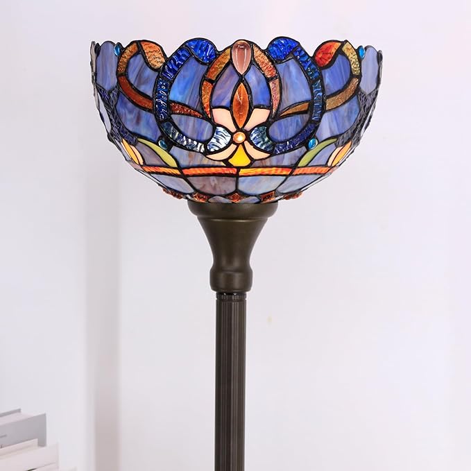 Tiffany Lamp Shade Replacement 12X6 Inch Stained Glass Lampshade Only 1-5/8-Inch Fitter Opening for Arched Floor Lamp, Torchiere Lamp, Pendant Light (Blue Purple)