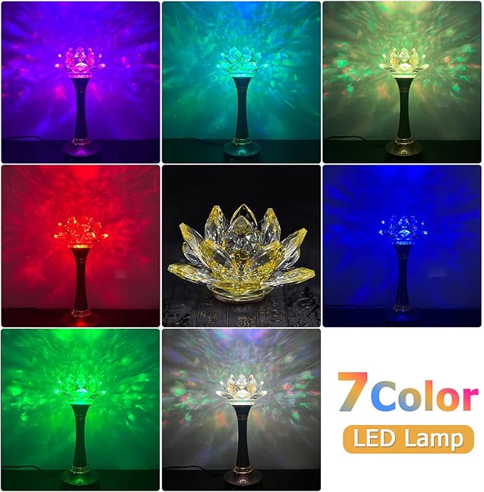 1 Pair Colorful LED Lotus Flower Lamp 7 Color Crystal Buddha Lamp for Cabinet Buddhist Altar - Light Control Crystal Decor Night Light -110V US Plug(10 inch)