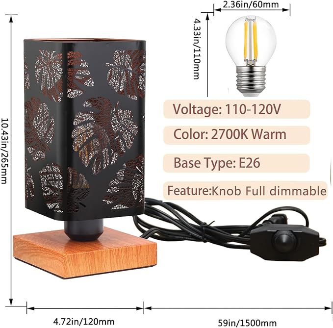 Rustic Table Lamp with Dimmer, Small Black Industry Metal bedside Lamp, fully Dimmable Rotary Switch, Night Light for office Kids, Bedroom Nightstands Lamp, Lamp for Living Room End Tables side