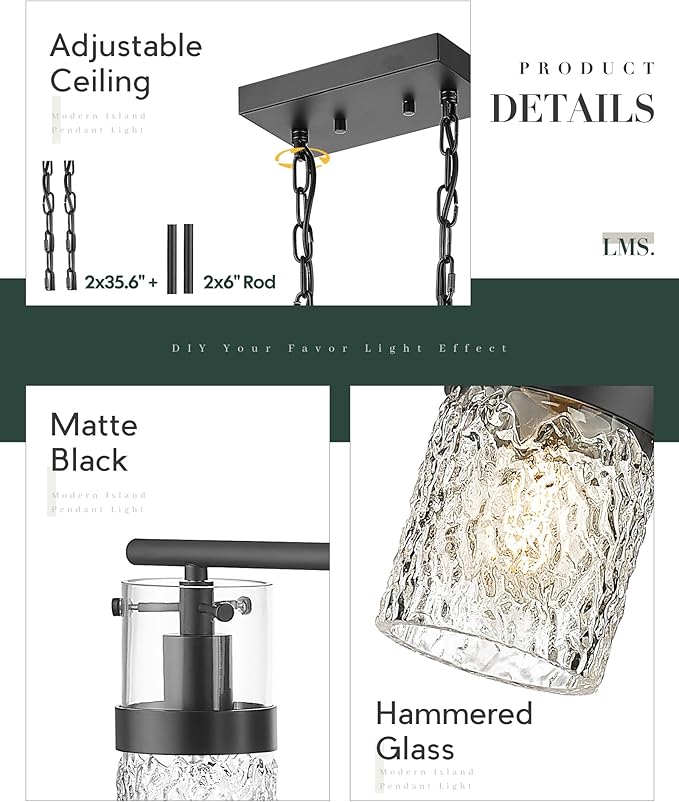 LMS 4-Light Island Lights, Farmhouse Light Fixtures with Hammered Glass Shade, Matte Black Linear Chandelier Pendant Lighting Over Table for Adjustable Height, Kitchen Island, LMS-171BK-4 - Aura Lighting