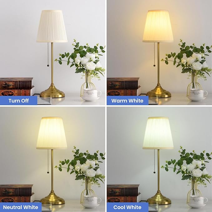 Modern Table Lamp for Bedroom, Gold Bedside Lamp, Farmhouse Nightstand Lamp with Pull Chain Switch, 20" Small Table Lamp for Reading, Hotel, Buffet Candlestick