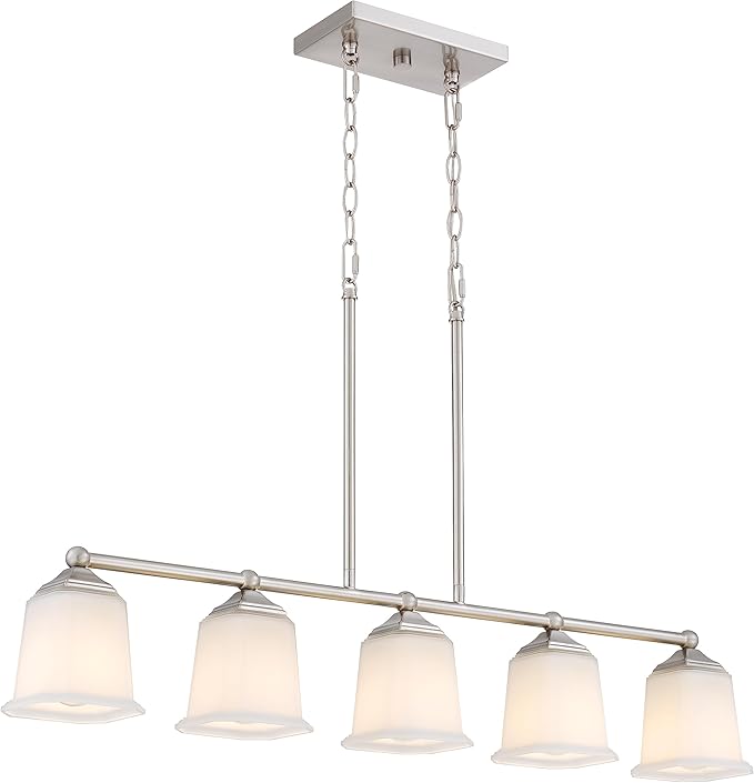Nox Vintage 5-Light Chandelier Island Pendant Light with Brushed Nickel White Glass for Dining Room, Kitchen Island, Industrial, Vintage Decor