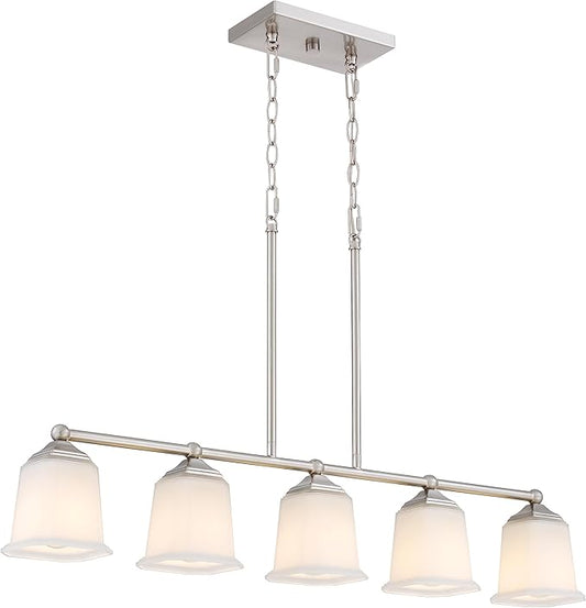 Nox Vintage 5-Light Chandelier Island Pendant Light with Brushed Nickel White Glass for Dining Room, Kitchen Island, Industrial, Vintage Decor