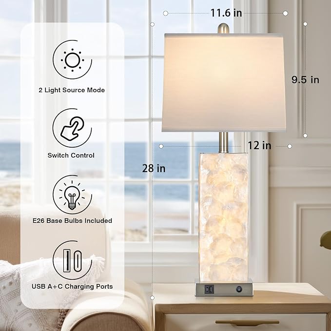 28" Coastal Table Lamps for Living Room, Bedside Lamps with Night Light, USB A+C Ports, Modern Sea Shell Bedside Night Stands Light for Beachy Cottage Decor (Silver 1Pack