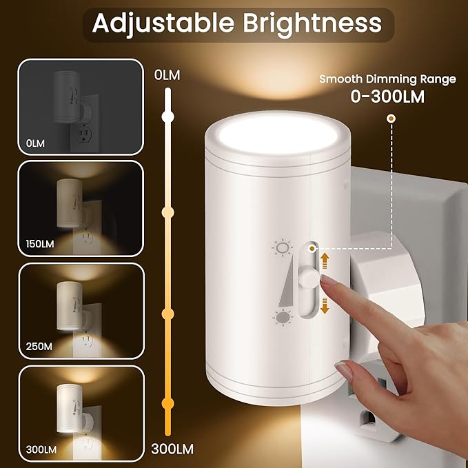 4 Pack LED Plug-in Wall Night Light with Dimmable 0-300 Lumens, 3000K Soft White, Dusk to Dawn Rotating Night Lamp,Auto On/Off Light Sensor for Hallway, Stairs, Bedroom