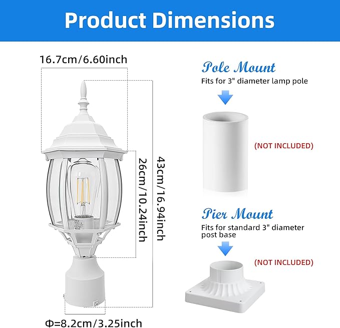 2 Pack White Outdoor Lamp Post for Patio Pathway, 17inch White Outdoor Post Light Fixture for House Pier Mount Outside Lighting Exterior Pole Lamp 17” Coach Light