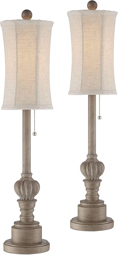 Regency Hill Bertie Traditional French Country Style Buffet Table Lamps 28" Tall Skinny Set of 2 Natural Candlestick Tall Skinny Cream Fabric Bell Shade Decor for Living Room House Home Entryway