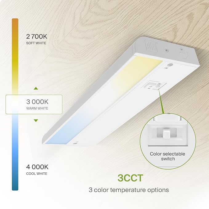 ASD 9 Inch LED Under Cabinet Lighting Plug in or Hardwired, High/Low/Off Switch, 3W 120V 3 CCT 2700K/3000K/4000K CRI90+, Triac Dimmable Linkable Under Counter Lights for Kitchen, ETL Listed, White