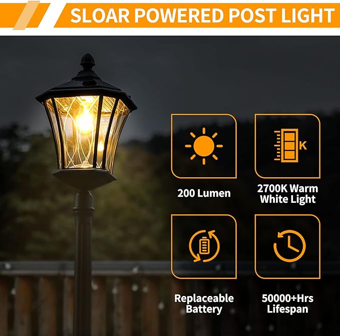 LUTEC Outdoor Solar Lamp Post Light, Dusk to Dawn Waterproof Pole Light with Patterned Glass, Exterior Vintage Black Solar Powered Street Light Fixtures for Garden, Patio, Pathway, Yard