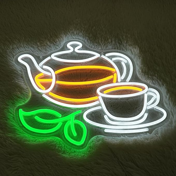 Tea Neon Sign for Wall Decor Tea Pot Neon Light Drinks LED Neon Signs Colorful Tea Cup Led Neon Sign for Teashop Store Cafe Coffee Shop Mall Kitchen Tea Plantation Decoration