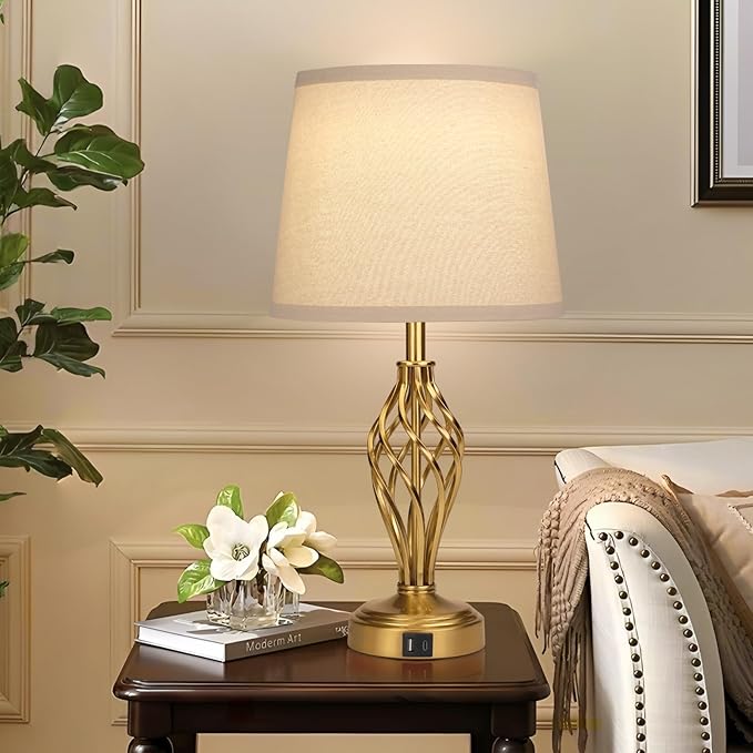 Touch Table Lamps Set of 2, nightstand lamp with USB Ports Bedside 3 Way Touch dimmer Desk lamp for Living Room Bedroom,Gold Plated Spiral cage Base Design Warm White dimmer Bulbs Included.