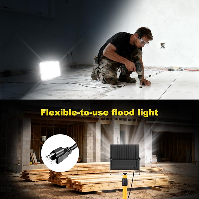 100W Flood Lights Outdoor, 15000lm Bright LED Work Light with Plug, 5000K Daylight White Outdoor Lights, IP65 Waterproof Security Lights for Yard Garage Stadium Playground 2 Pack AC100-120V Voltage